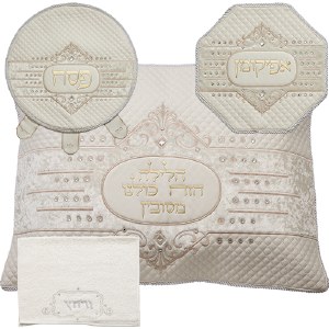 Picture of Pesach Set Faux Leather and Velvet 4 Piece Quilted Design Center Stripe Stones Accent Off White